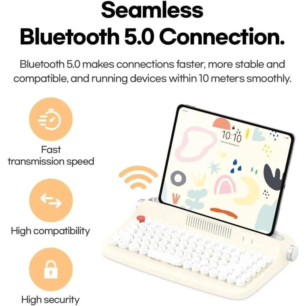 Wireless Retro Typewriter Keyboard, Ivory Butter, USB Rechargeable, Round Keys‎